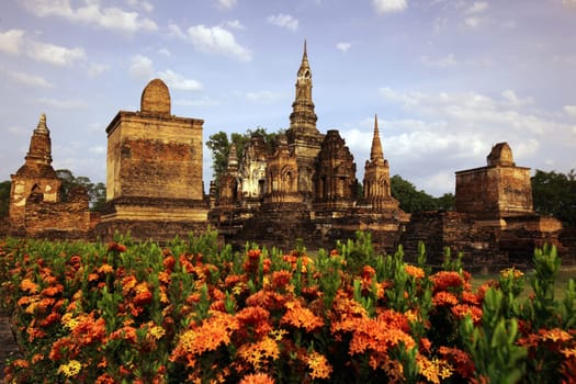 The Wat Mahathat Temple in the temple complex of Alt-Sukhothai in the province of Sukhothai in the north of Thailand in South East Asia.