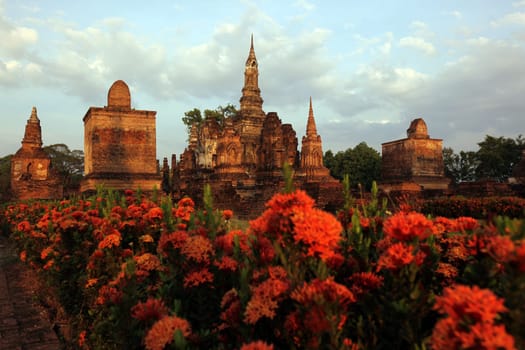The Wat Mahathat Temple in the temple complex of Alt-Sukhothai in the province of Sukhothai in the north of Thailand in South East Asia.