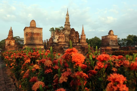 The Wat Mahathat Temple in the temple complex of Alt-Sukhothai in the province of Sukhothai in the north of Thailand in South East Asia.
