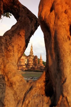The Wat Mahathat Temple in the temple complex of Alt-Sukhothai in the province of Sukhothai in the north of Thailand in South East Asia.