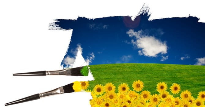 Painting a summer landscape with summer blue sky
