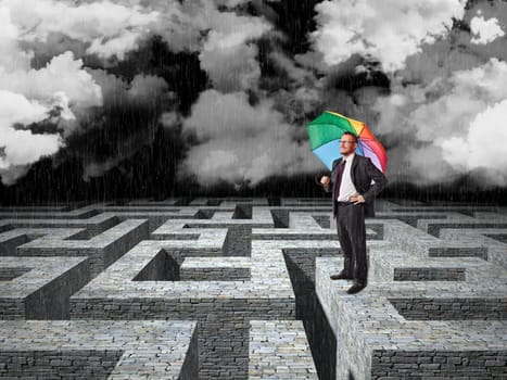 man with umbrella and 3d maze background