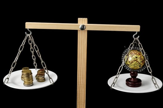 Globe Planet Earth and Money on a Two Pan Balance