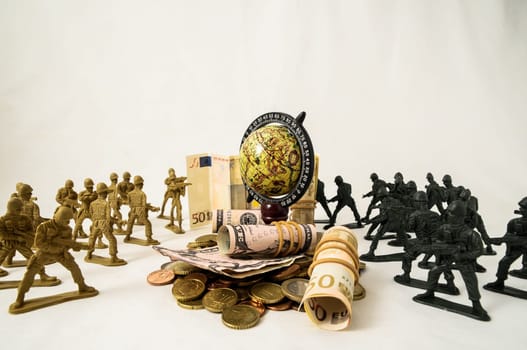 Plastic Lead Soldiers Representing War on a White Background