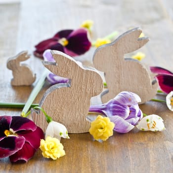 Fresh spring flowers and Easter bunnies with text space