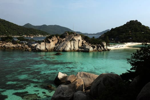 The beach and island landscape on the island of Koh Naang Yuan next to the island of Ko Tao in the Gulf of Thailand in the south-west of Thailand in South East Asia
