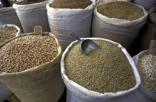 Food and food at the Souq or market in the Old Town or Medina of Sousse on the Mediterranean Sea in Tunisia in North Africa.
