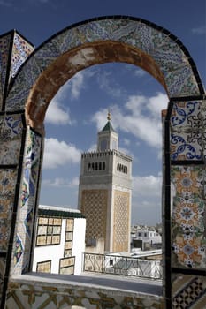 The minaret of the MosqueZaytouna or Grand Mosque in the Old Town or Medina of the capital Tunis in the north of Tunisia in North Africa on the Mediterranean Sea.