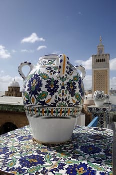 The Zaytouna Mosque or Grand Mosque in Souq or Bazzar in the Old Town of Tunis on the Mediterranean Sea in Tunisia in North Africa.
