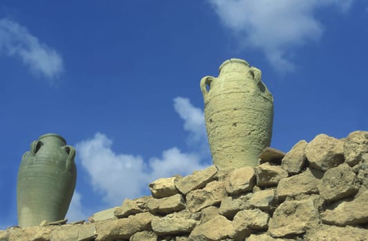 Ceramic toepfe in a pottery on the island of Jierba in the south of Tunisia in North Africa.