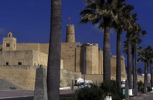 The Ribat or fortress in the old town in Monastir on the Mediterranean Sea in the northeast of Tunisia in North Africa.