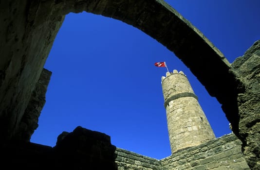 The Ribat or fortress in the old town in Monastir on the Mediterranean Sea in the northeast of Tunisia in North Africa.
