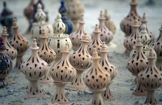 Ceramic toepfe in a pottery on the island of Jierba in the south of Tunisia in North Africa.
