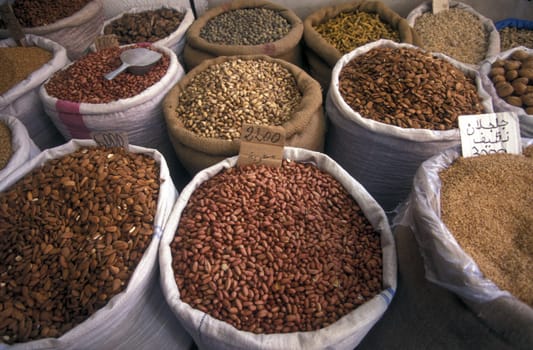 Food and food at the Souq or market in the Old Town or Medina of Sousse on the Mediterranean Sea in Tunisia in North Africa.