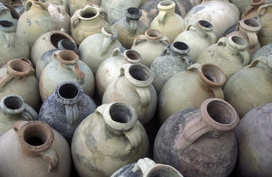 Ceramic toepfe in a pottery on the island of Jierba in the south of Tunisia in North Africa.