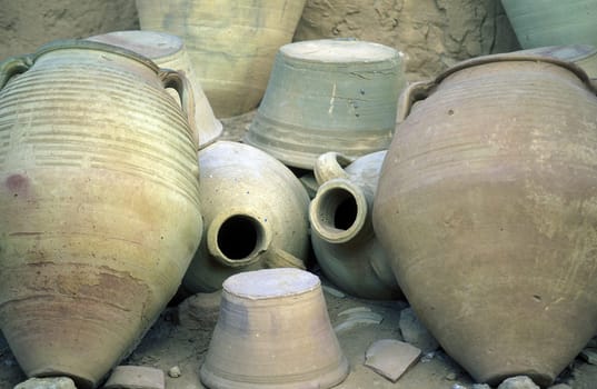 Ceramic toepfe in a pottery on the island of Jierba in the south of Tunisia in North Africa.