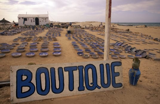 A sandy beach on the island of Jierba in the south of Tunisia in North Africa.