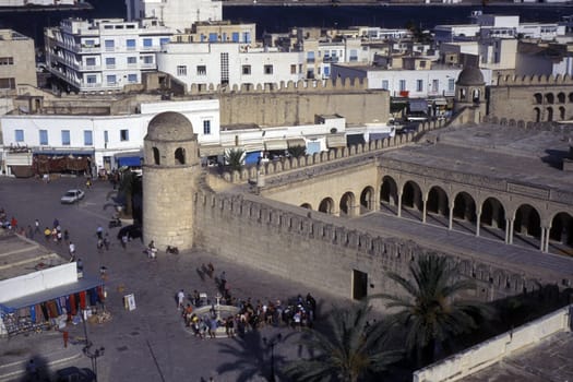 The Great Mosque with the Wall in the Old Town or Medina of Sousse on the Mediterranean Sea in Tunisia in North Africa.