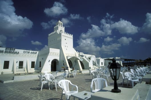 A traditional mosque on the island of Djerba on the Mediterranean Sea in the south of Tunisia in North Africa.