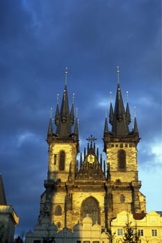 The Tyn Church in Old Town Square in the Old Town of Prague the capital of the Czech Republic.