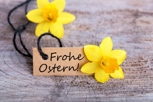 Label with the German Words Frohe Ostern which means Happy Easter
