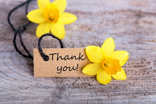 Label with Thank you and yellow narcisses in the Background
