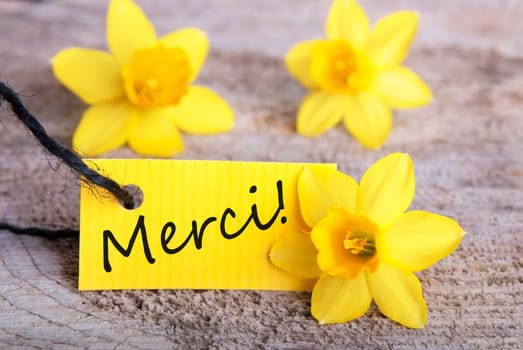 Label with the French word Merci which means Thanks, Yellow Background
