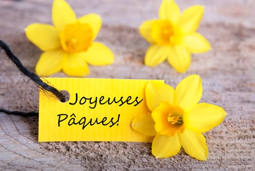 Label with the French Words Joyeuses Pâques which means Happy Easter, Yellow Easter Background