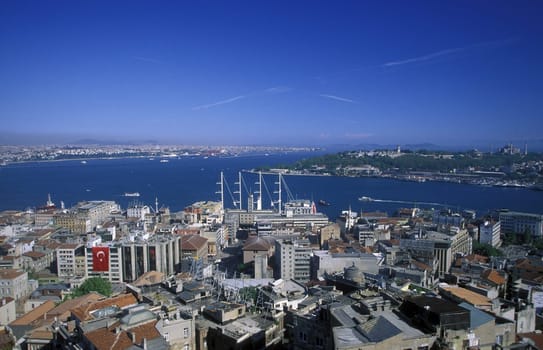 The skyline of Galatasaray on the Bosphorus in Istanbul in the Tuerkey.