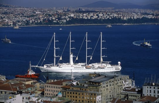 The skyline of Galatasaray on the Bosphorus in Istanbul in the Tuerkey.