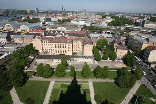 The Old Town with the Vansu Bruecke and the Cathedral as well as the River Daugava from the view of the view of the Socialist High-Rise Academy of Sciences in the district of Little Moskow in Riga,Latvia
