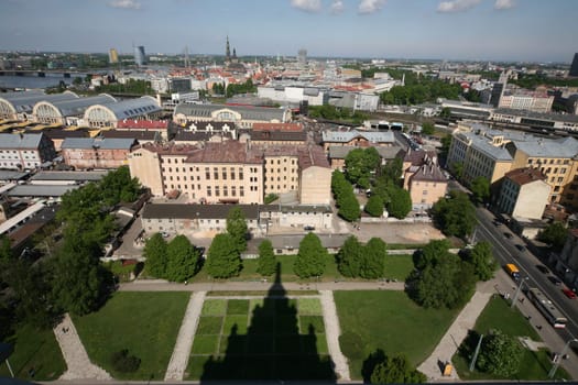 The Old Town of Riga from the view of the view of the Socialist High School Academy of Sciences in the Little Moskov district in Riga,Latvia