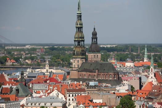 The Old Town with the Vansu Bruecke and the Cathedral as well as the River Daugava from the view of the view of the Socialist High-Rise Academy of Sciences in the district of Little Moskow in Riga,Latvia