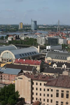 The district of Small Moscow on the Daugava River with the market and market halls of Riga from the view of the view terrace of the Socialist High-Rise Academy of Sciences in the district of Little Moskov in Riga,Latvia