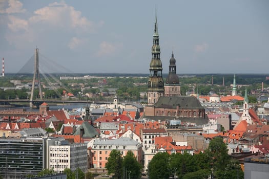 The Old Town with the Vansu Bruecke and the Cathedral as well as the River Daugava from the view of the view of the Socialist High-Rise Academy of Sciences in the district of Little Moskow in Riga,Latvia
