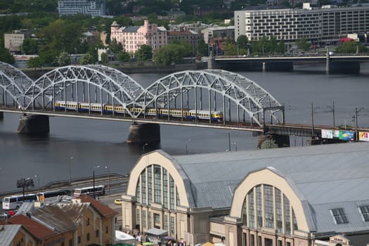 The district of Small Moscow on the Daugava River with the market and market halls of Riga from the view of the view terrace of the Socialist High-Rise Academy of Sciences in the district of Little Moskov in Riga,Latvia