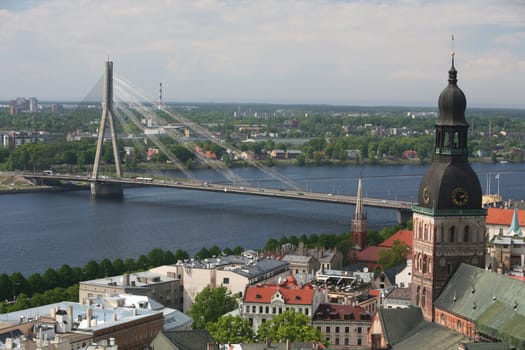 The Old Town with the Vansu Bruecke and the Cathedral as well as the River Daugava from the view of the view of the Socialist High-Rise Academy of Sciences in the district of Little Moskow in Riga,Latvia