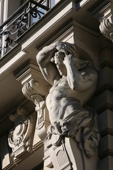 Europe,Eastern Europe,Baltic States,Latvia,Riga,Capital,New Town,Youth Style,Facade,House,. An excerpt of a youth-style facade in the New Town of Riga,the capital of Latvia in the Baltics and Eastern Europe.