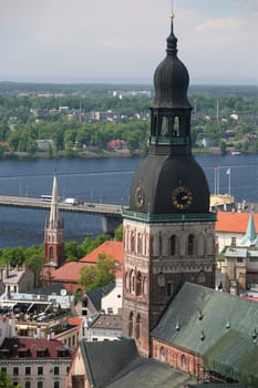 The Old Town with the Vansu Bruecke and the Cathedral as well as the River Daugava from the view of the view of the Socialist High-Rise Academy of Sciences in the district of Little Moskow in Riga,Latvia