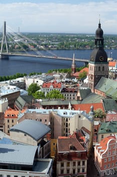 The Old Town with the Vansu Bruecke and the Cathedral as well as the River Daugava from the view of the view of the Socialist High-Rise Academy of Sciences in the district of Little Moskow in Riga,Latvia