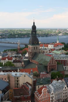 The Old Town with the Vansu Bruecke and the Cathedral as well as the River Daugava from the view of the view of the Socialist High-Rise Academy of Sciences in the district of Little Moskow in Riga,Latvia
