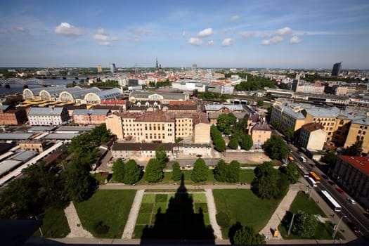 The panorama from the Tower of the Akedemie of Sciences in the Old Town of Riga,the main city of Latvia in the BalticS in Eastern Europe.