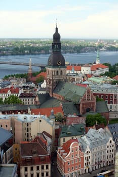The Old Town with the Vansu Bruecke and the Cathedral as well as the River Daugava from the view of the view of the Socialist High-Rise Academy of Sciences in the district of Little Moskow in Riga,Latvia