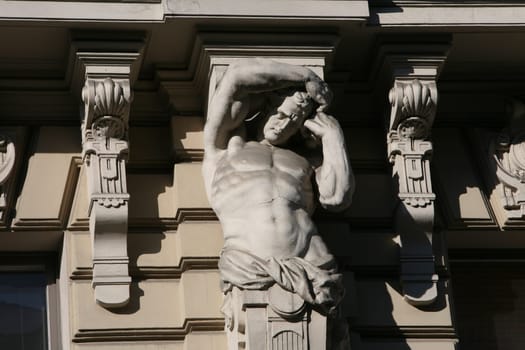 Europe,Eastern Europe,Baltic States,Latvia,Riga,Capital,New Town,Youth Style,Facade,House,. An excerpt of a youth-style facade in the New Town of Riga,the capital of Latvia in the Baltics and Eastern Europe.