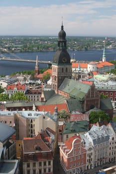 The Old Town with the Vansu Bruecke and the Cathedral as well as the River Daugava from the view of the view of the Socialist High-Rise Academy of Sciences in the district of Little Moskow in Riga,Latvia