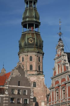 Europe,Eastern Europe,Baltic States,Latvia,Riga,Capital,Old Town,Town Hall Square,St. Peter's Church,Church Tower.The St. Peter's Church on City Hall Square in the Old Town of Riga,the capital of Latvia in the Baltics and Eastern Europe.