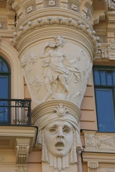 Europe,Eastern Europe,Baltic States,Latvia,Riga,Capital,New Town,Youth Style,Facade,House,. An excerpt of a youth-style facade in the New Town of Riga,the capital of Latvia in the Baltics and Eastern Europe.