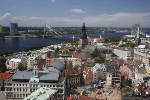The Old Town with the Vansu Bruecke and the Cathedral as well as the River Daugava from the view of the view of the Socialist High-Rise Academy of Sciences in the district of Little Moskow in Riga,Latvia