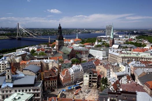 The Old Town with the Vansu Bruecke and the Cathedral as well as the River Daugava from the view of the view of the Socialist High-Rise Academy of Sciences in the district of Little Moskow in Riga,Latvia