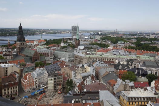 The Old Town with the Vansu Bruecke and the Cathedral as well as the River Daugava from the view of the view of the Socialist High-Rise Academy of Sciences in the district of Little Moskow in Riga,Latvia